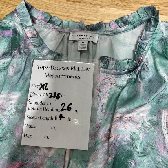 Current Air Watercolor Cuffed Puffed Short Sleeve V Neck Blouse Pink Green XL - Picture 6 of 6